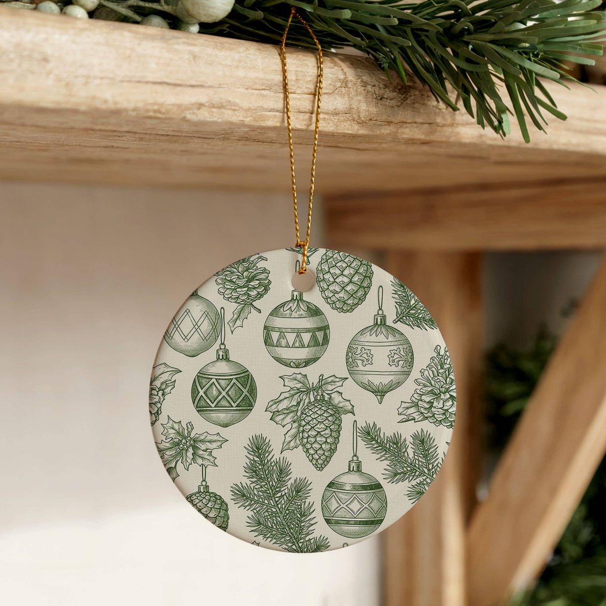 Green Toile Ornament, Botanical Christmas Bauble Decor