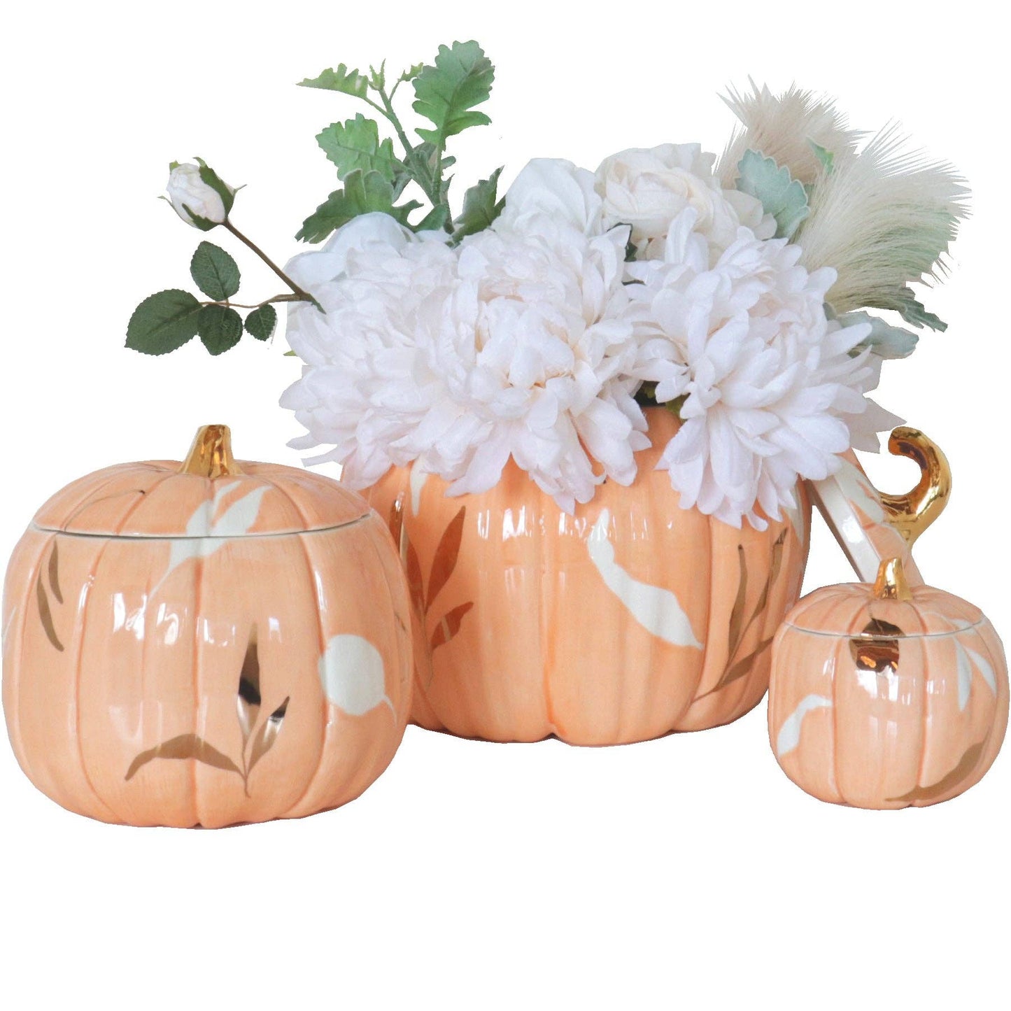 Layered Leaves Pumpkin Jars with 22K Gold Accents in Sheer Orange: Medium