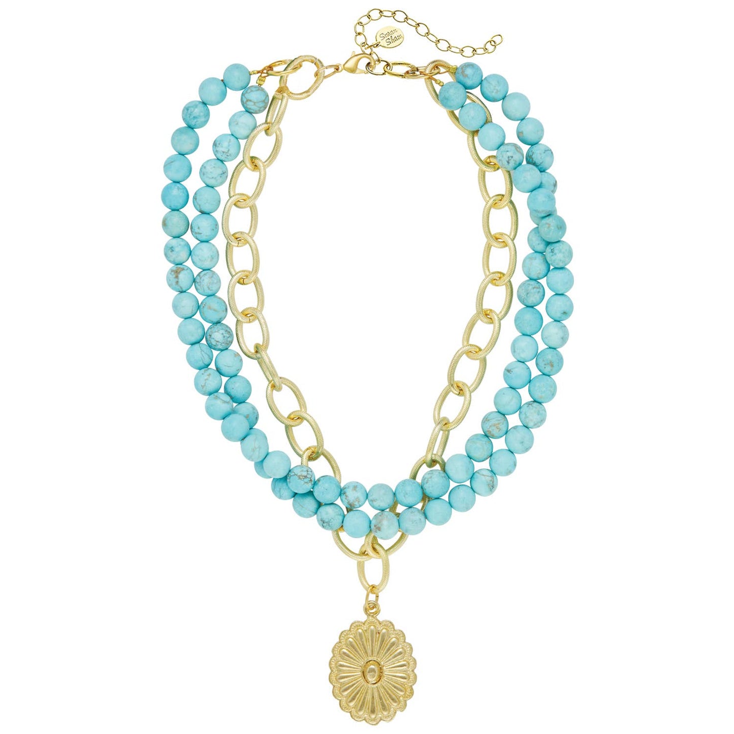 Gold Oval Concho + 3 Row Matte Turquoise Necklace