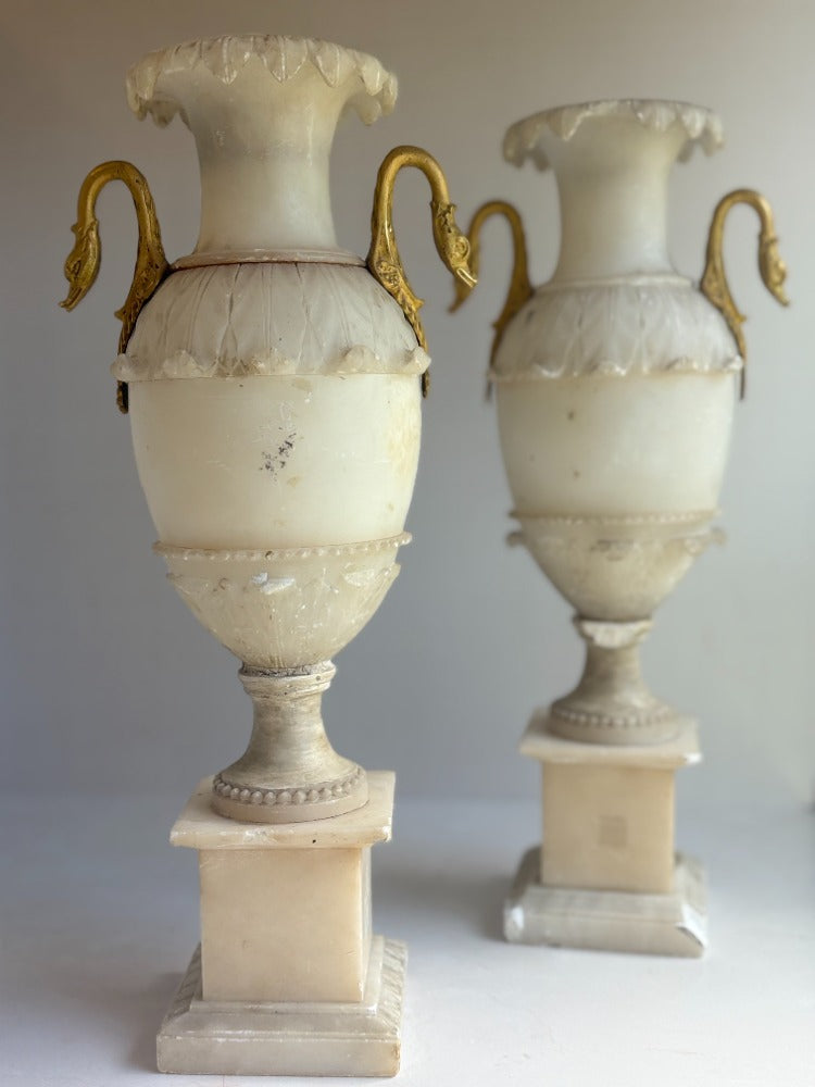 Pair of Antique French Alabaster Vases with Bronze Swan Handles