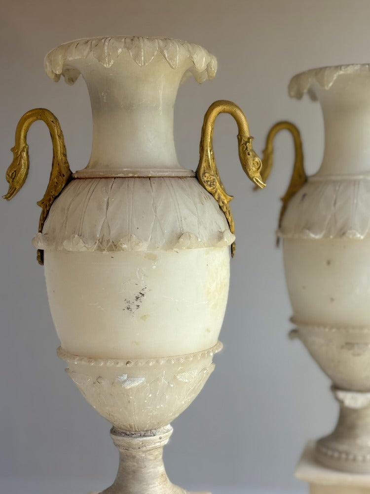 Pair of Antique French Alabaster Vases with Bronze Swan Handles