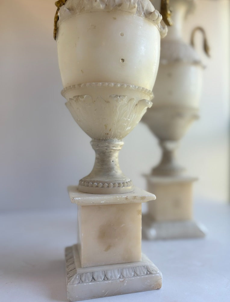 Pair of Antique French Alabaster Vases with Bronze Swan Handles