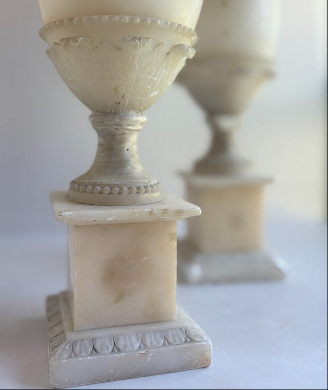 Pair of Antique French Alabaster Vases with Bronze Swan Handles