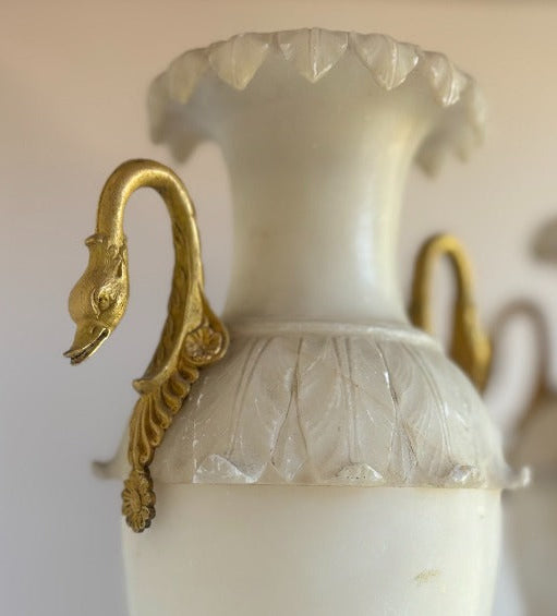 Pair of Antique French Alabaster Vases with Bronze Swan Handles