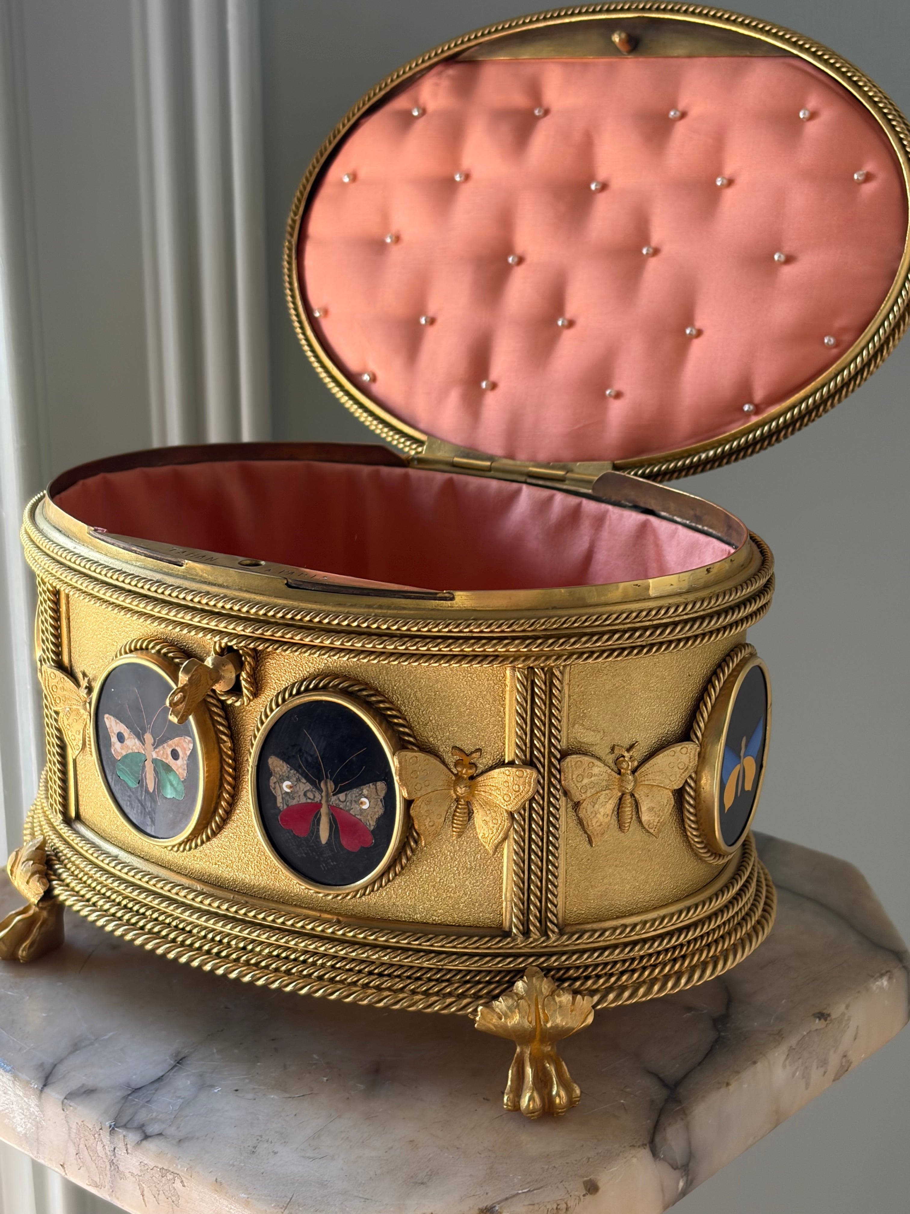 Antique Tahan Paris Pietra Dura & Bronze Jewelry Casket with Working Key