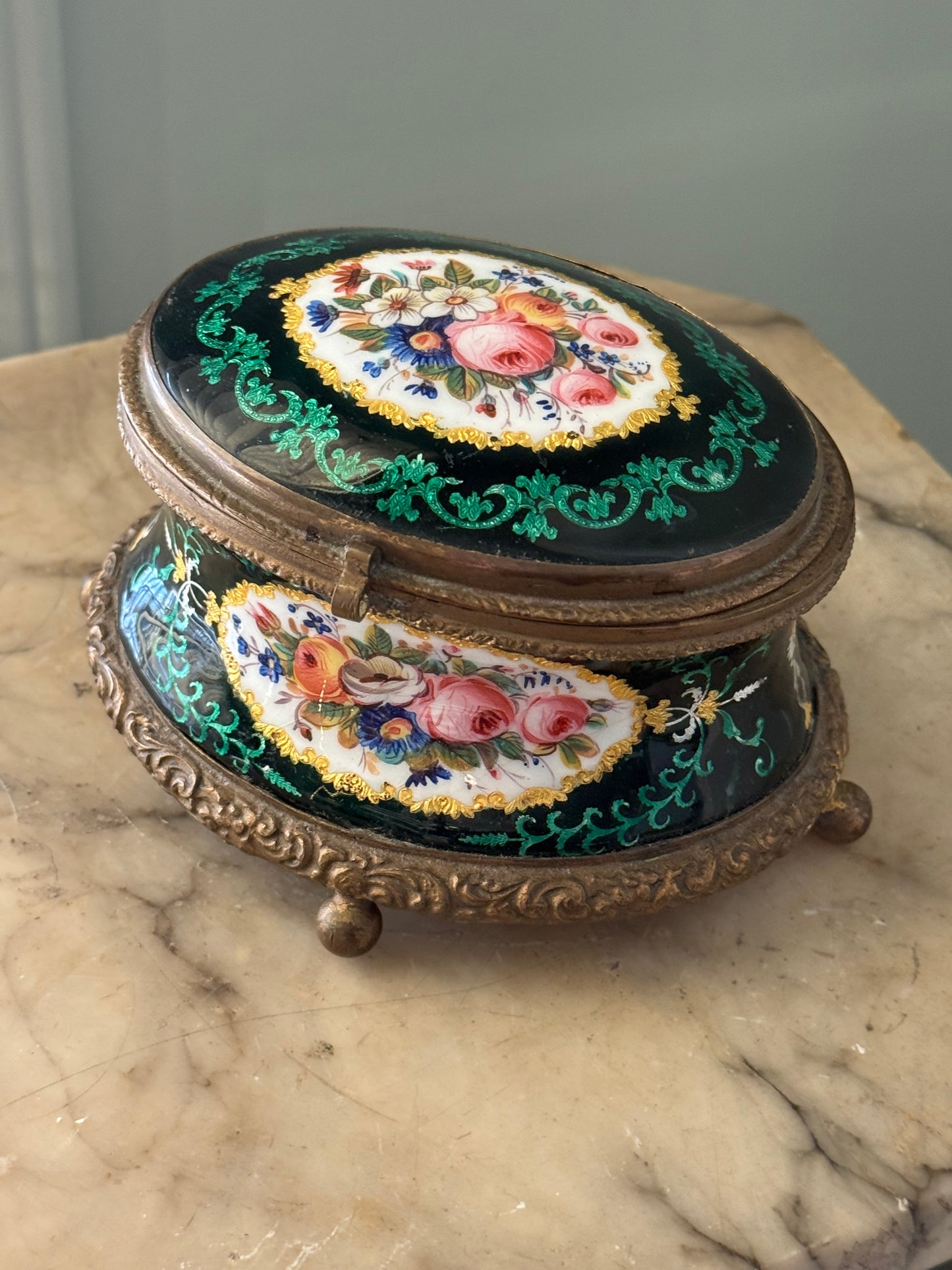 Antique French Painted Enamel Jewelry Box