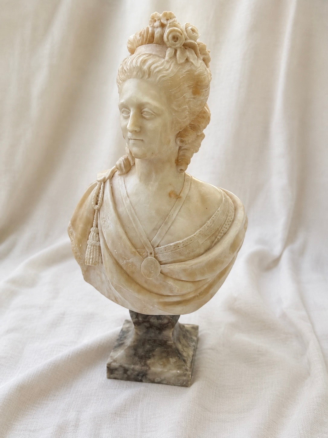 Antique Alabaster Marie Antoinette Bust (shipping notes included)