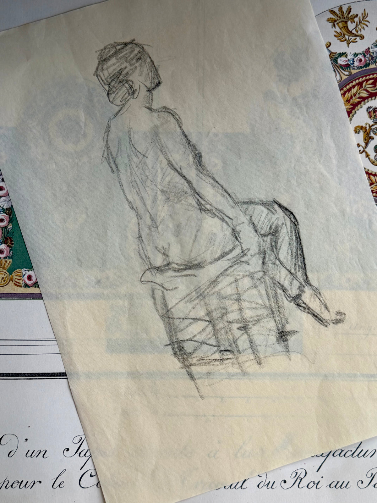 Vintage French Pencil Sketch of a Seated Nude
