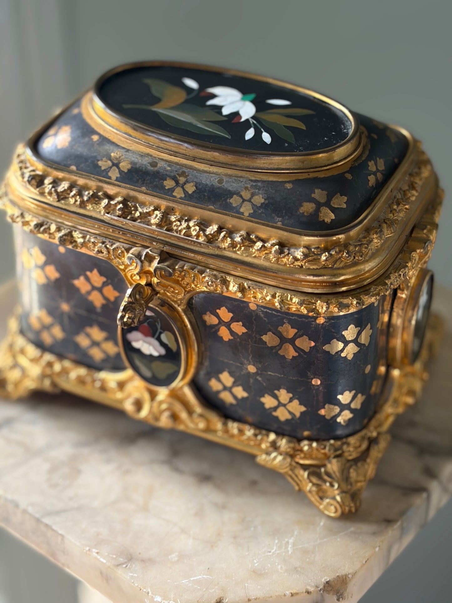 Antique Pietra Dura Box — Black Stone Inlay with Ormolu Mounts, 19th Century