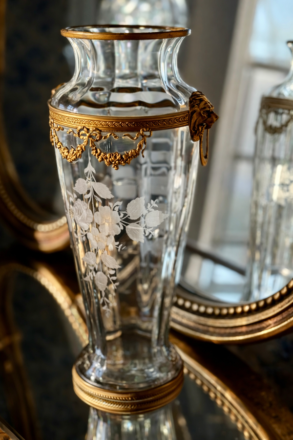 Antique French Etched Glass Vase with Ormolu Lion Mask Mounts