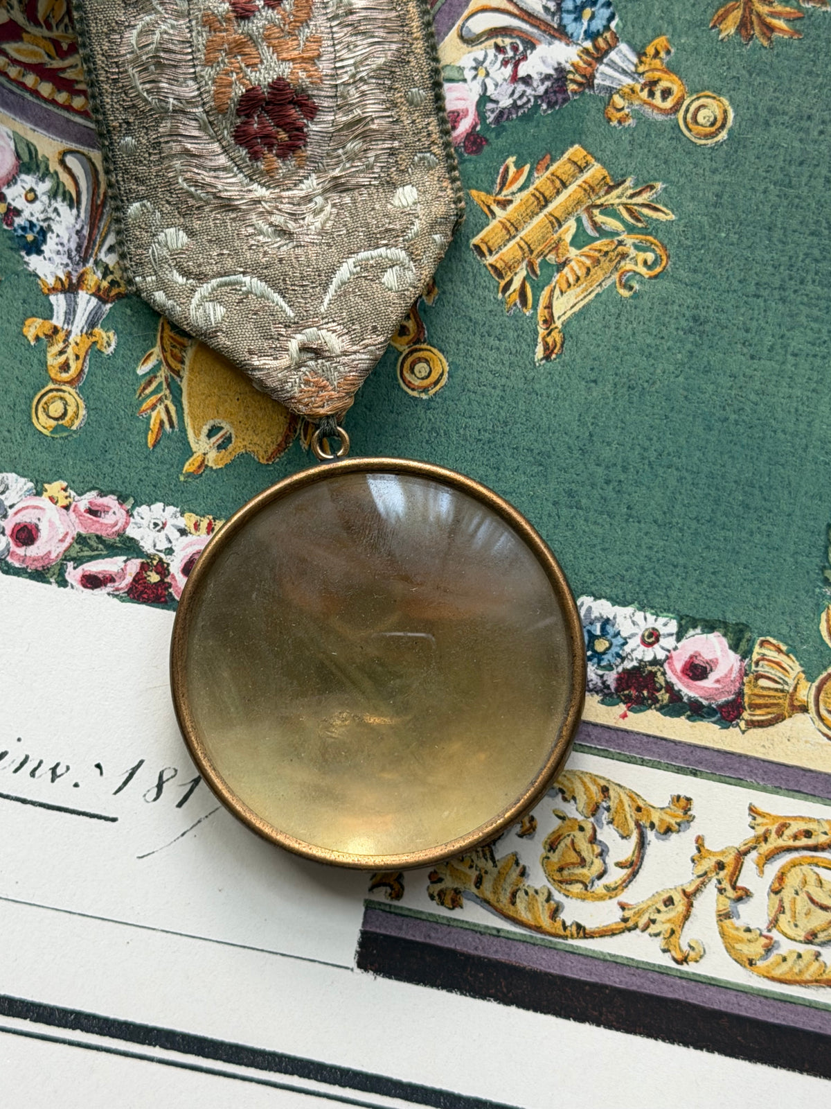 Antique French Metallic Brocade Ribbon Wall Hanging with Gilt Convex Frame