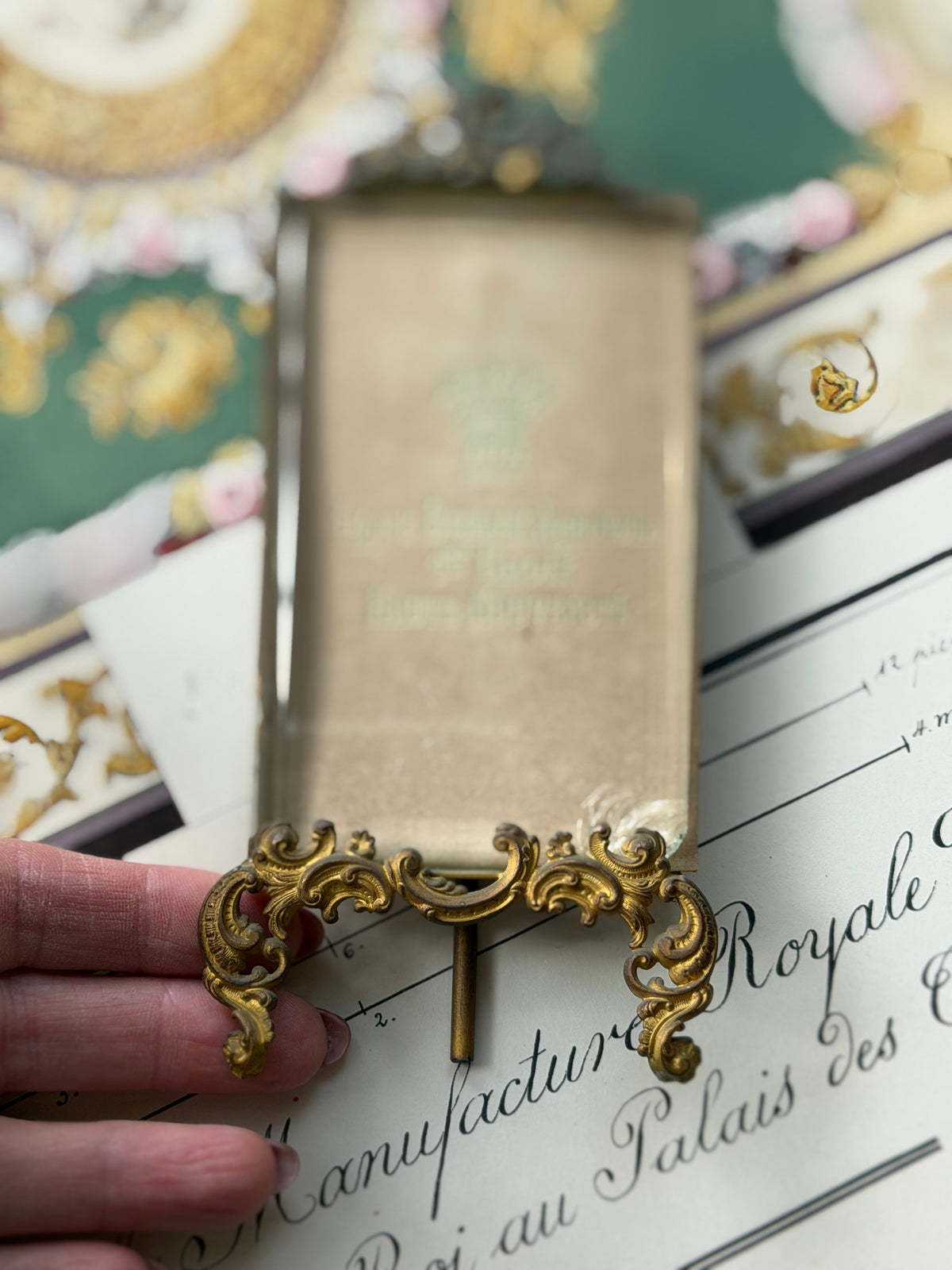 Antique French Beveled Glass Easel Frame with Gilt Brass Rococo Crest and Original Card