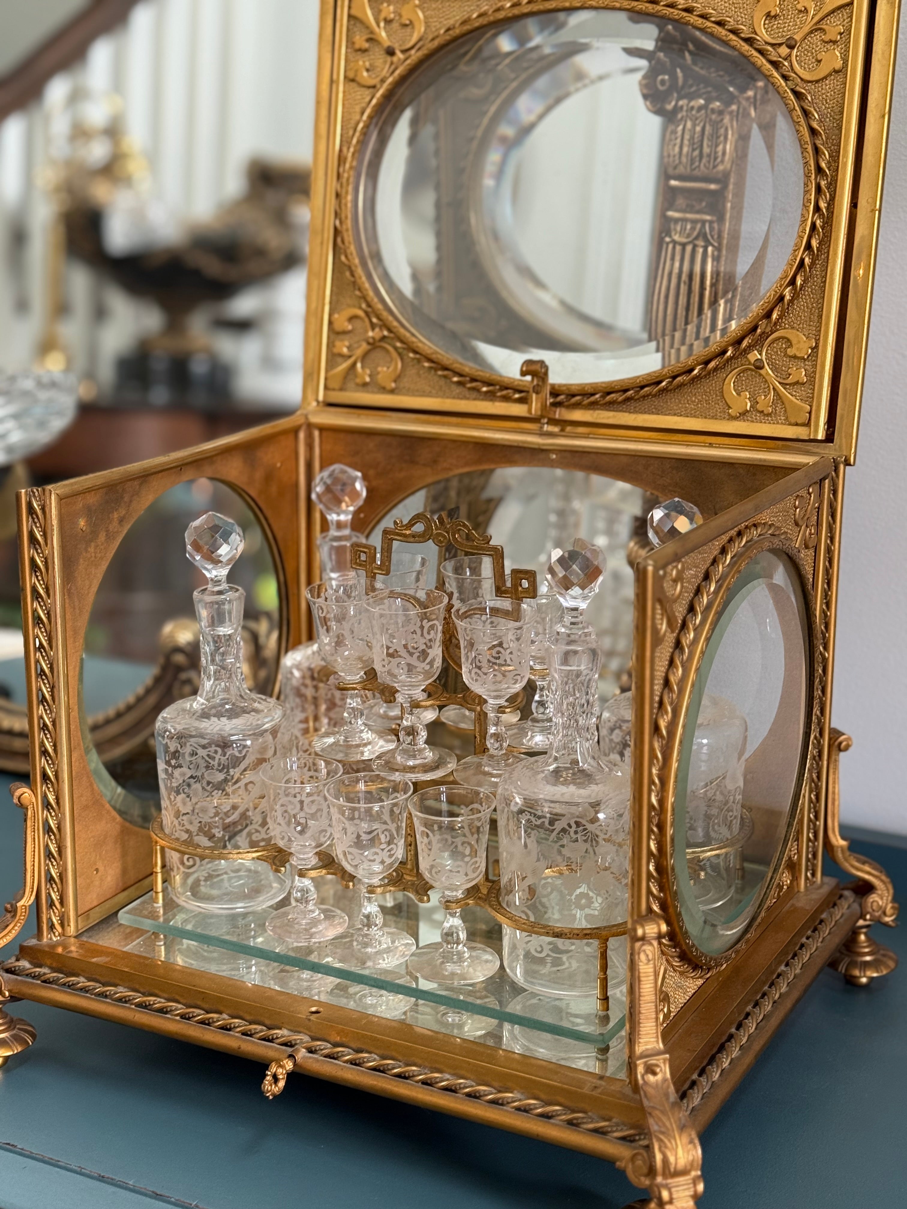 Antique French Gilt Bronze Cave à Liqueur with Etched Crystal