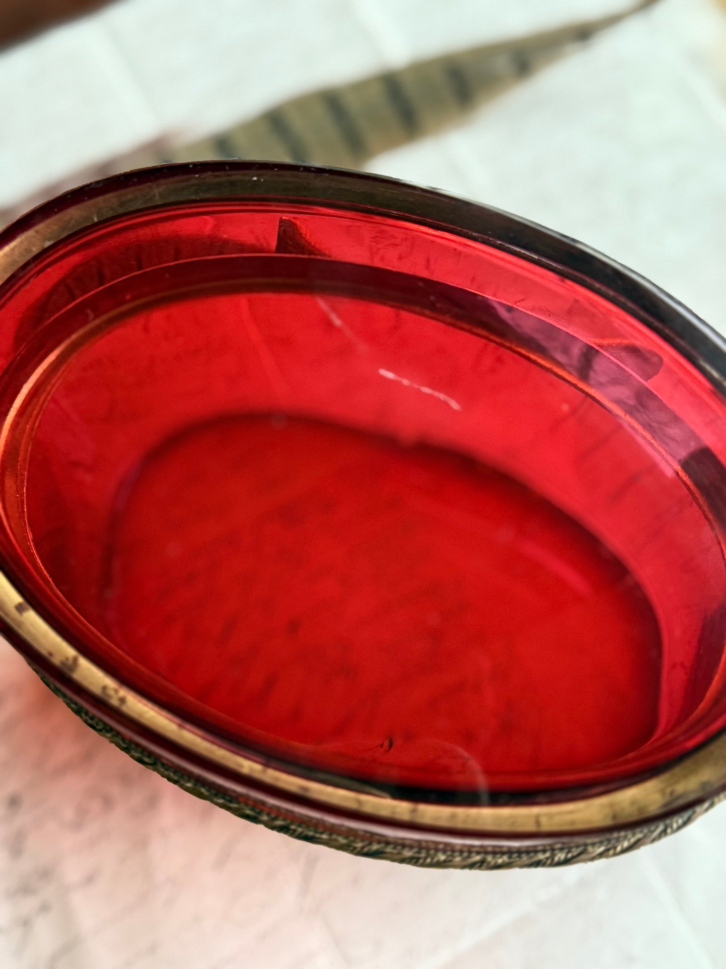 Antique Bohemian Ruby Glass Casket with Gilt Bronze Mounts