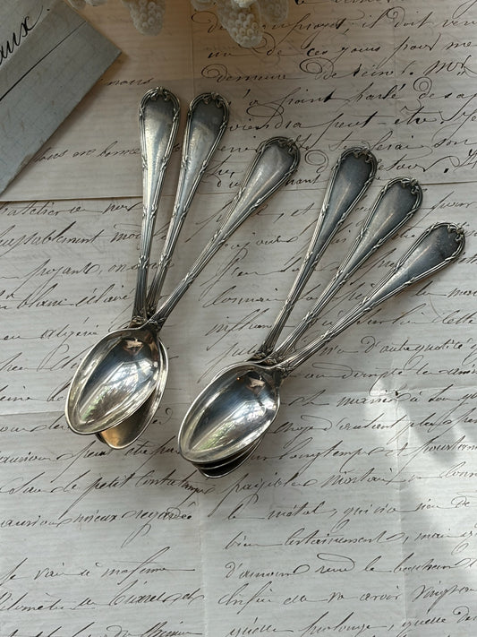 Set of 6 Christofle Silver Plated Espresso Spoons in the Rubans Pattern (sourced in France)