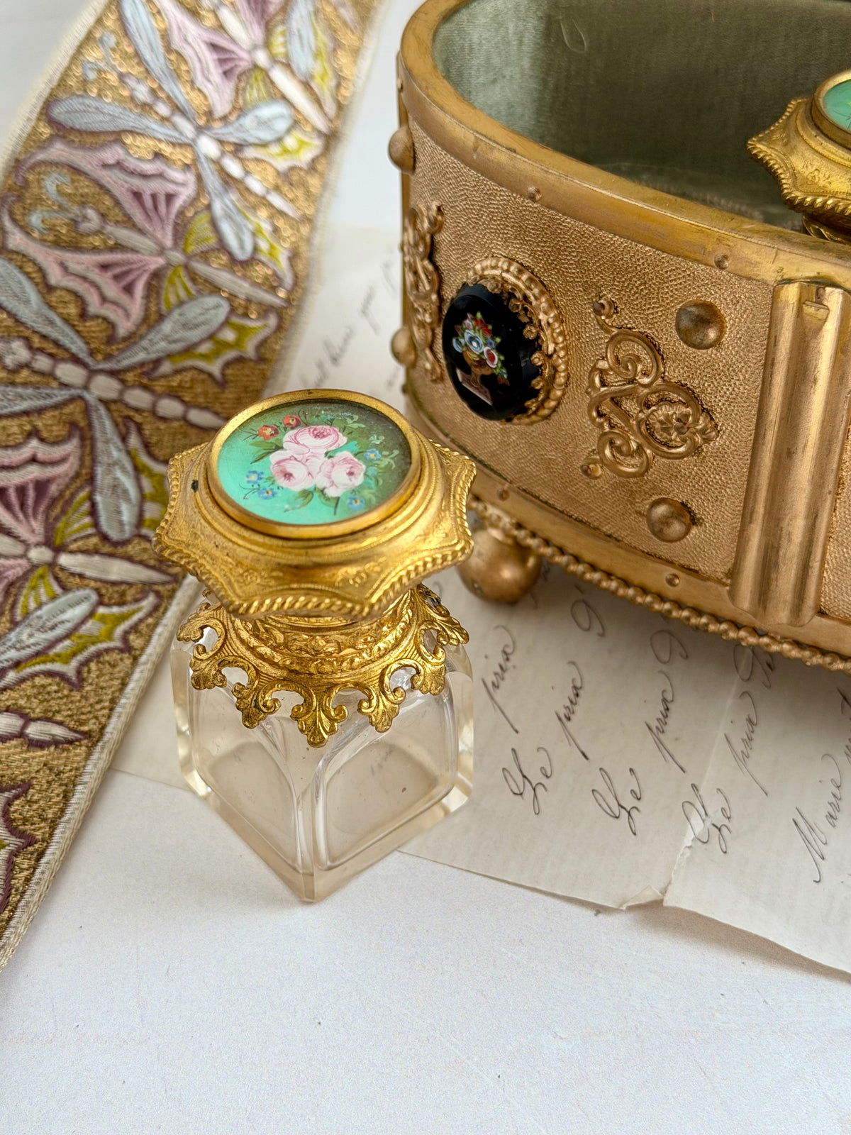Antique Bronze Micro-Mosaic Perfume Casket with Three Bottles