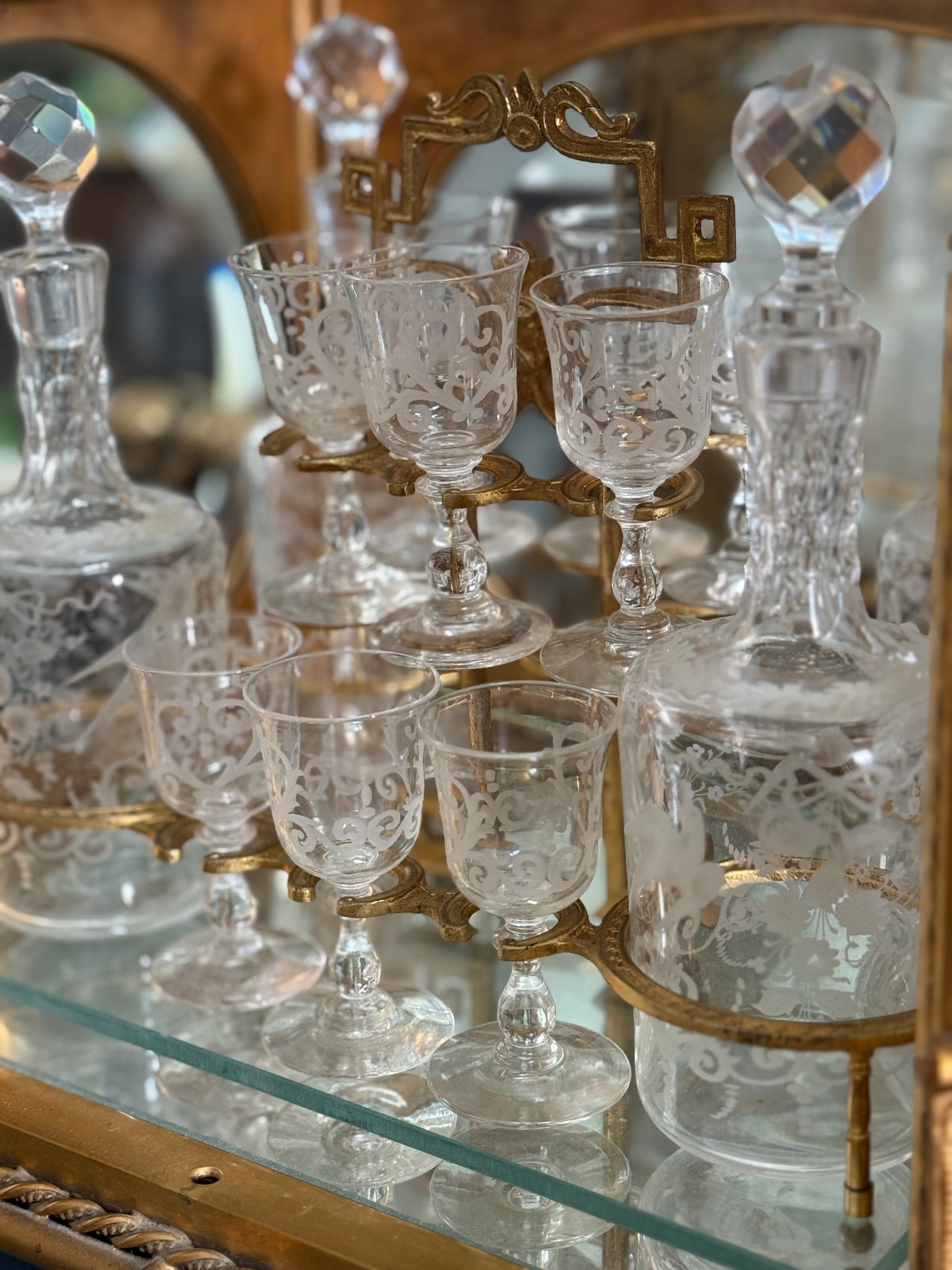 Antique French Gilt Bronze Cave à Liqueur with Etched Crystal