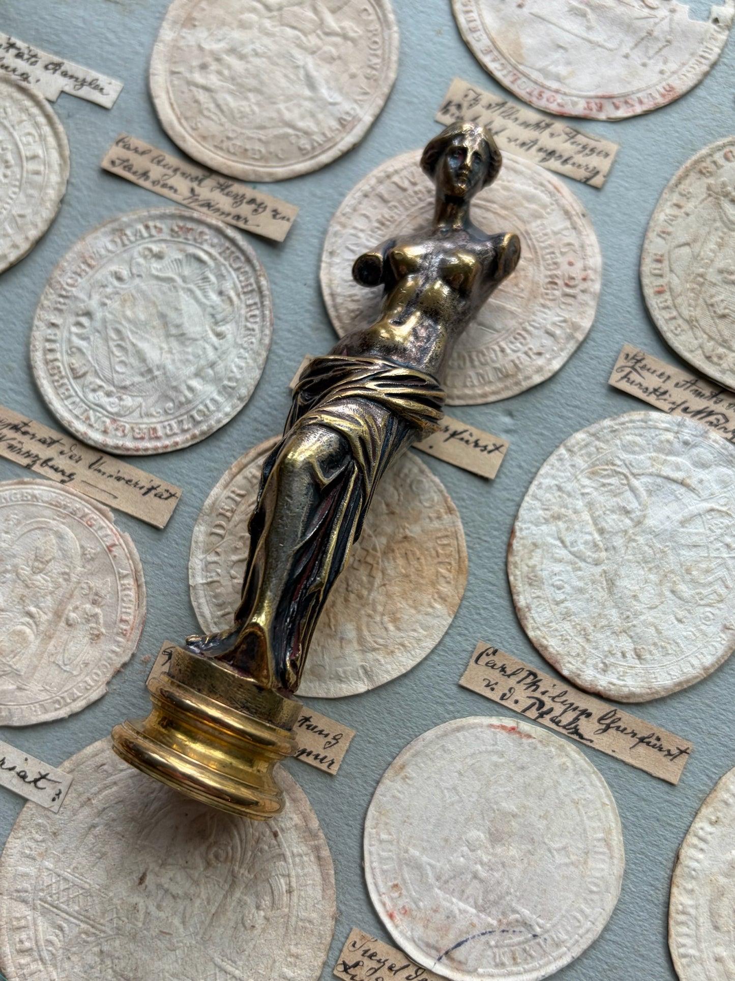 Antique French Figural Wax Seal — Venus de Milo, Gilt Bronze, Engraved Monogram, 19th Century
