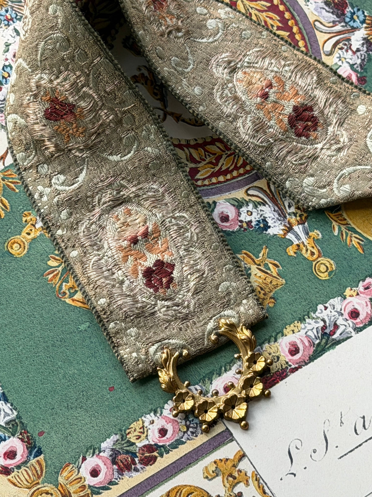 Antique French Metallic Brocade Ribbon Wall Hanging with Gilt Convex Frame