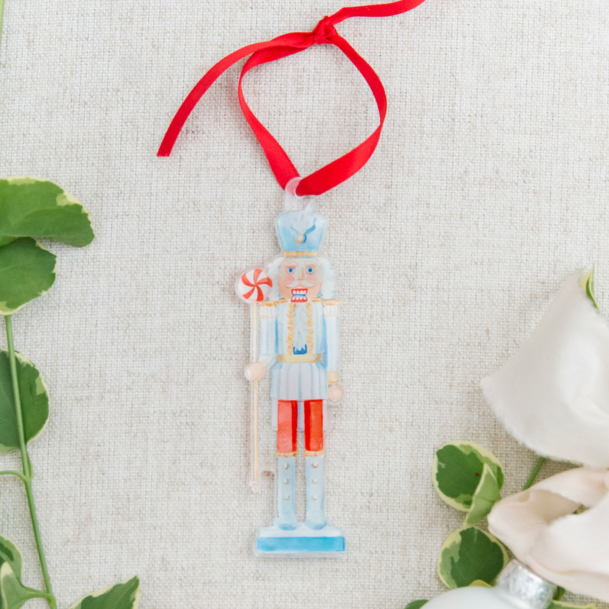 Blue and White Nutcracker Watercolor Ornament: Standard