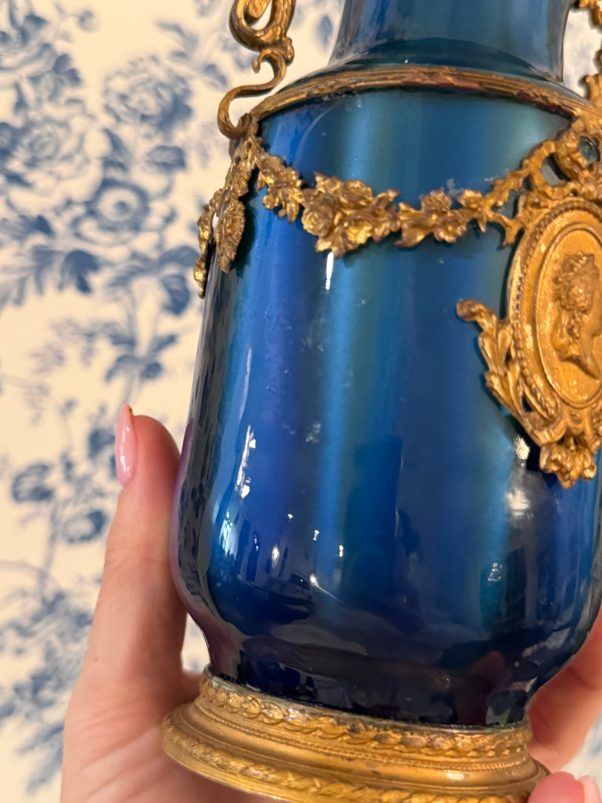 Pair of Antique French Blue Vases with Gilt Metal Mounts and Cameo Medallions