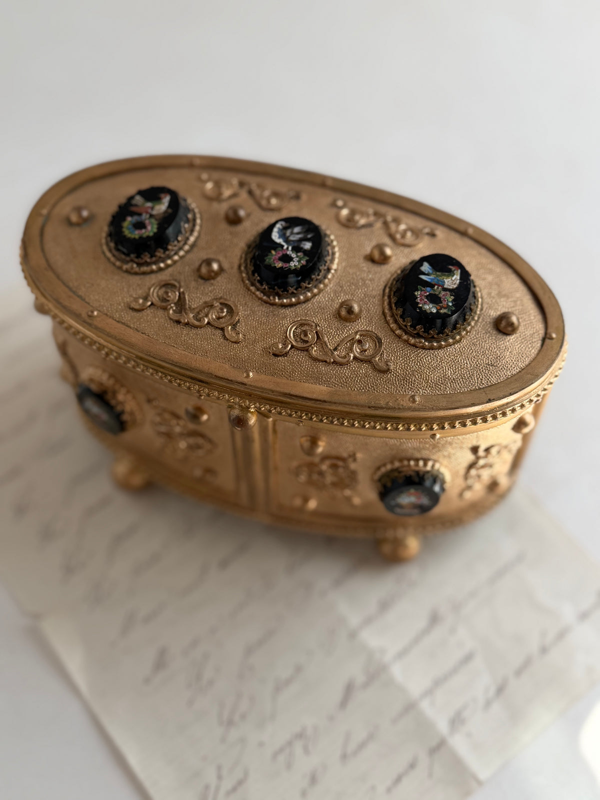 Antique Bronze Micro-Mosaic Perfume Casket with Three Bottles