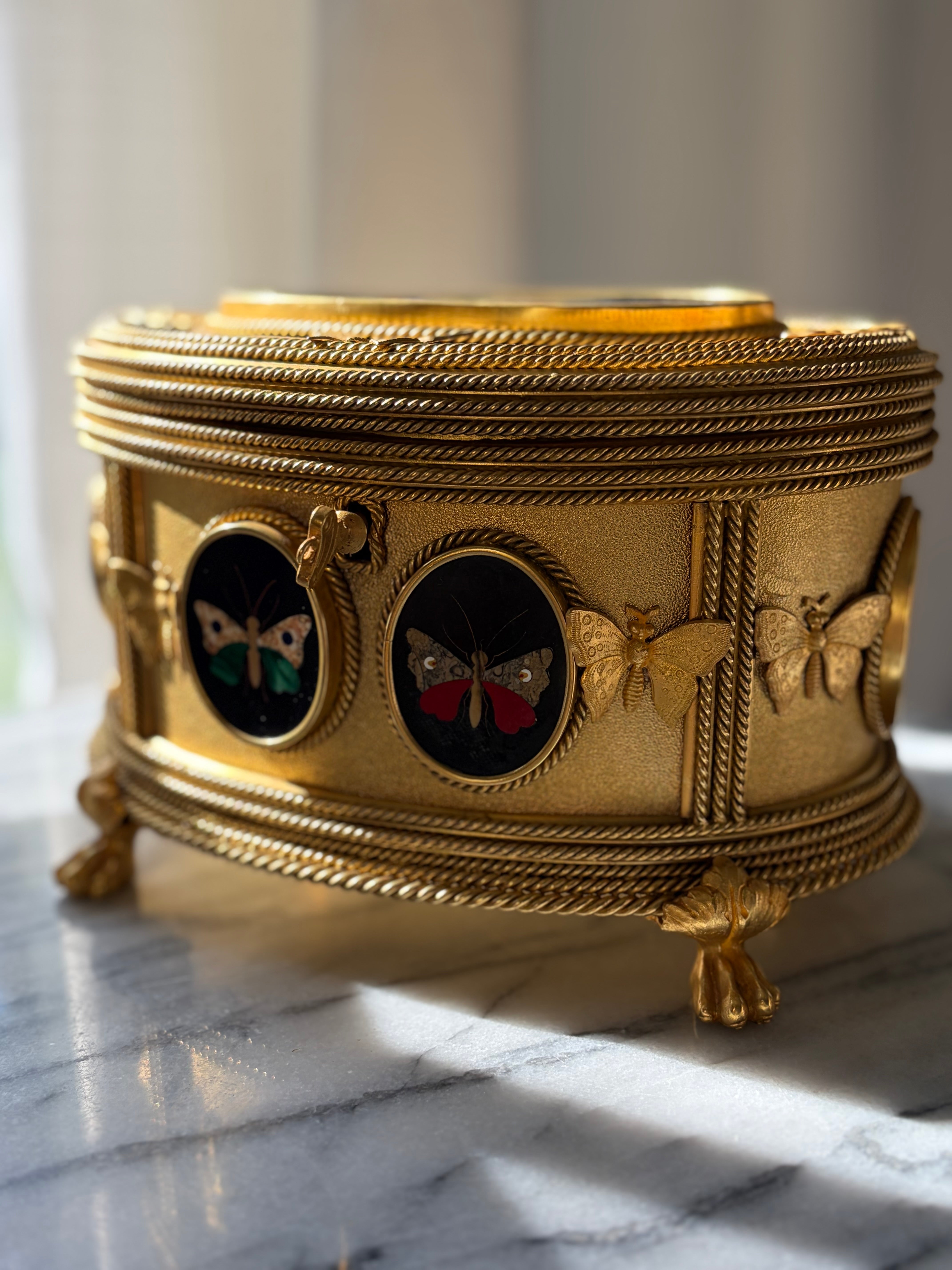 Antique Tahan Paris Pietra Dura & Bronze Jewelry Casket with Working Key