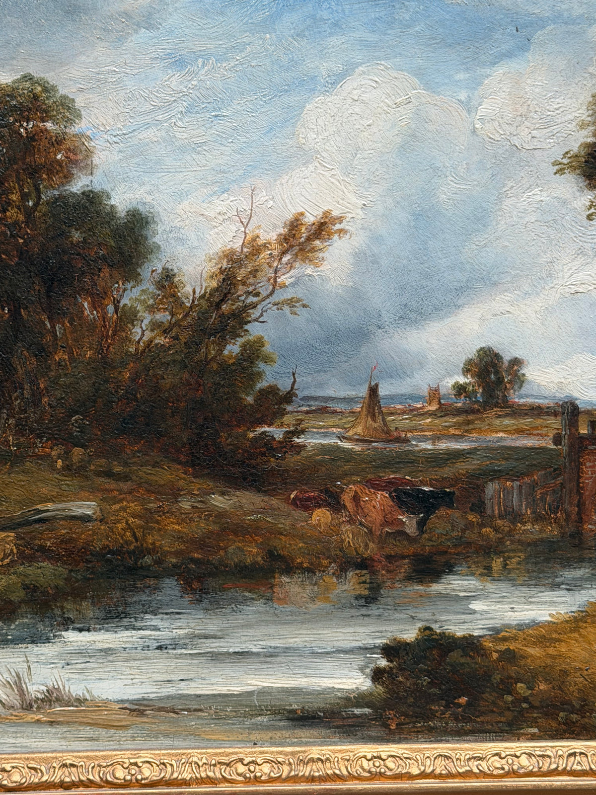 English School, 19th Century — River Landscape with Brick Bridge and Cattle