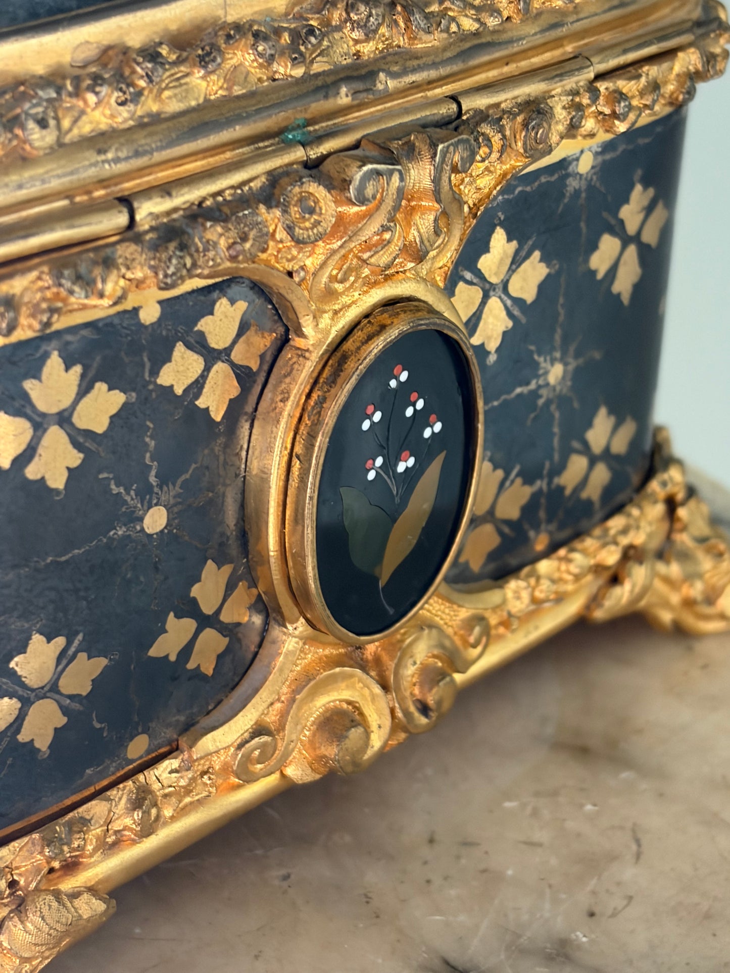 Antique Pietra Dura Box — Black Stone Inlay with Ormolu Mounts, 19th Century