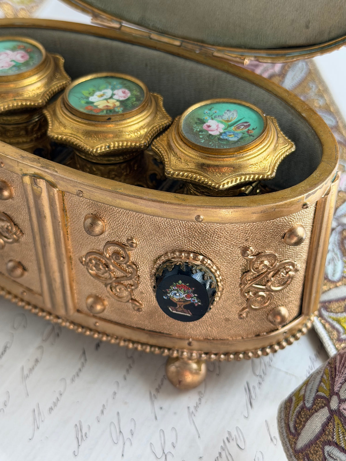 Antique Bronze Micro-Mosaic Perfume Casket with Three Bottles