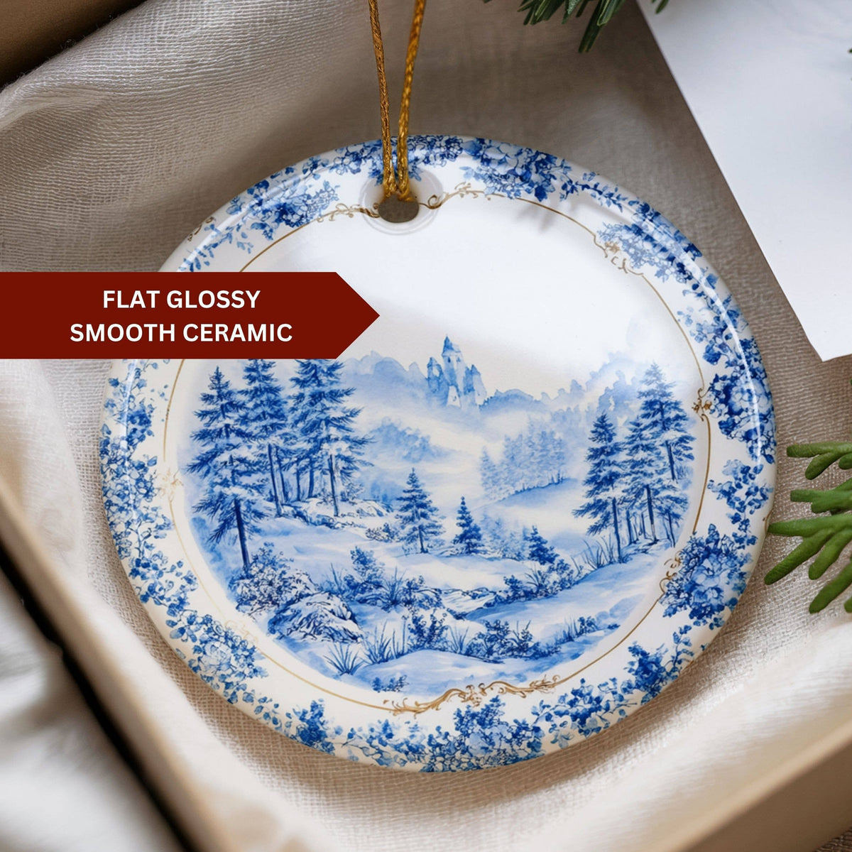 Toile Christmas Ornament, Ceramic Chinoiserie China Plate