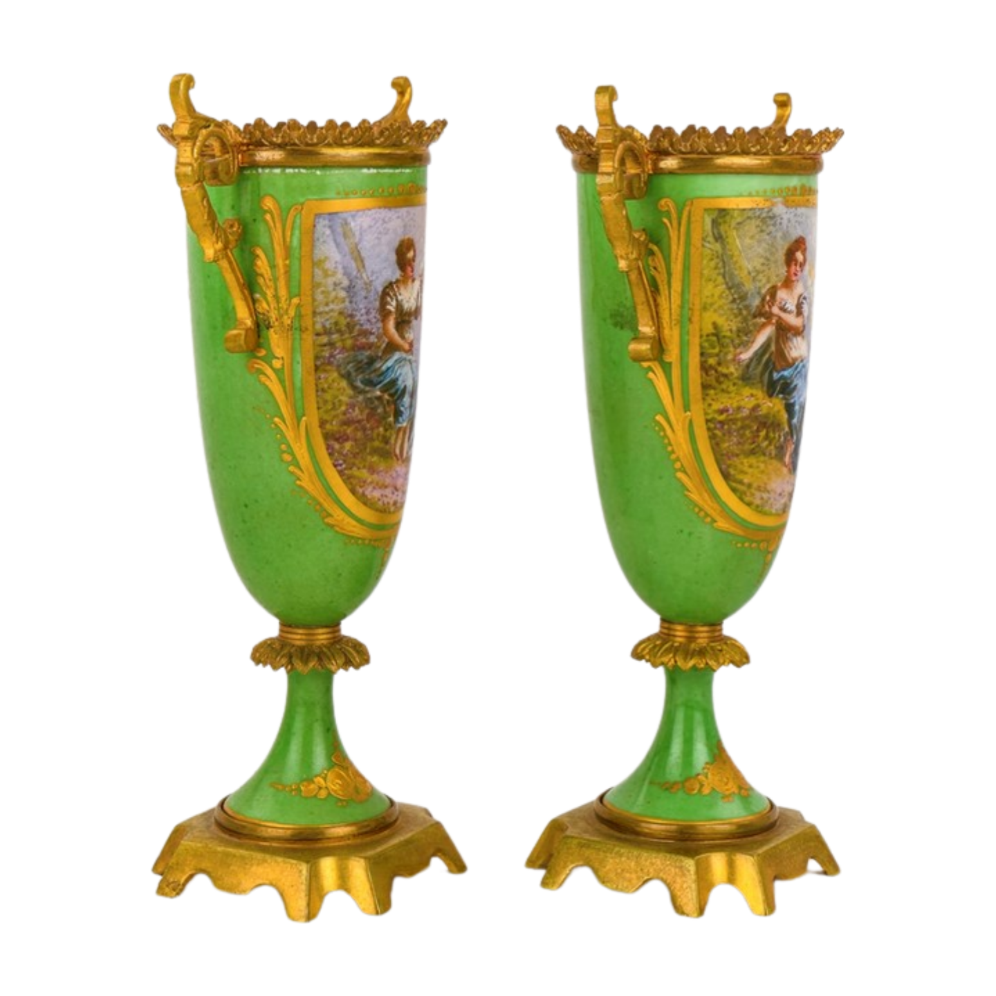 Pair of Miniature French Garniture Urn Vases – Hand-Painted & Ormolu Mounted