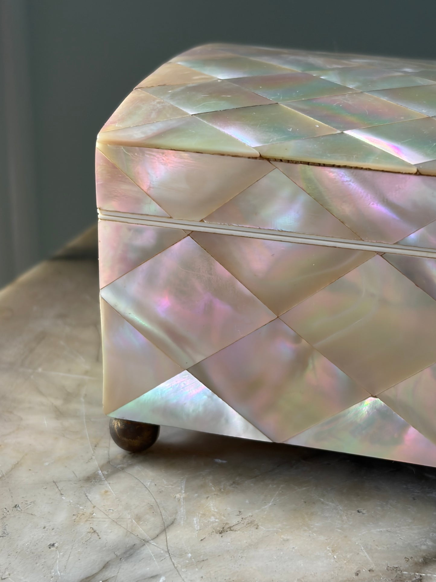 Antique French Mother-of-Pearl Box — Diamond-Quilted Nacre, Silk-Lined Interior, 19th Century