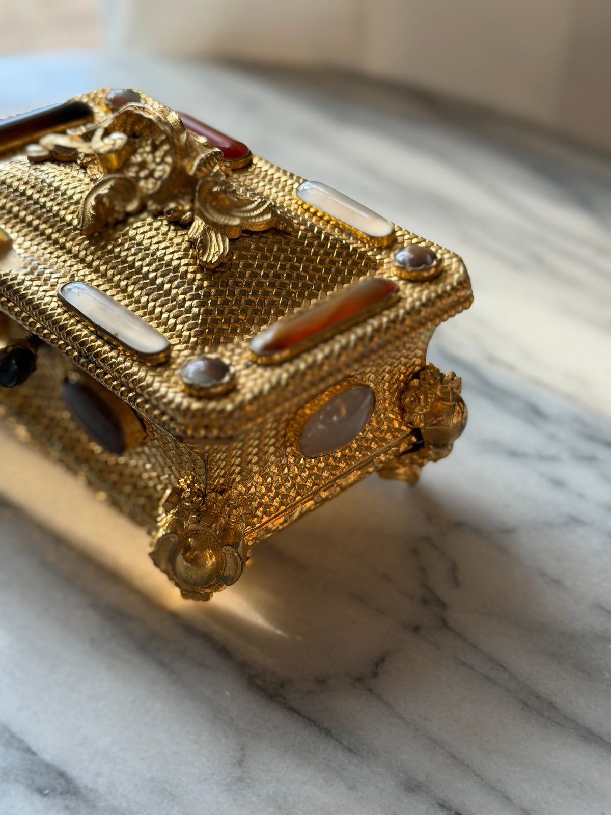 Antique French Gilt Bronze and Agate Casket with Woven Basketweave and Rococo Mounts
