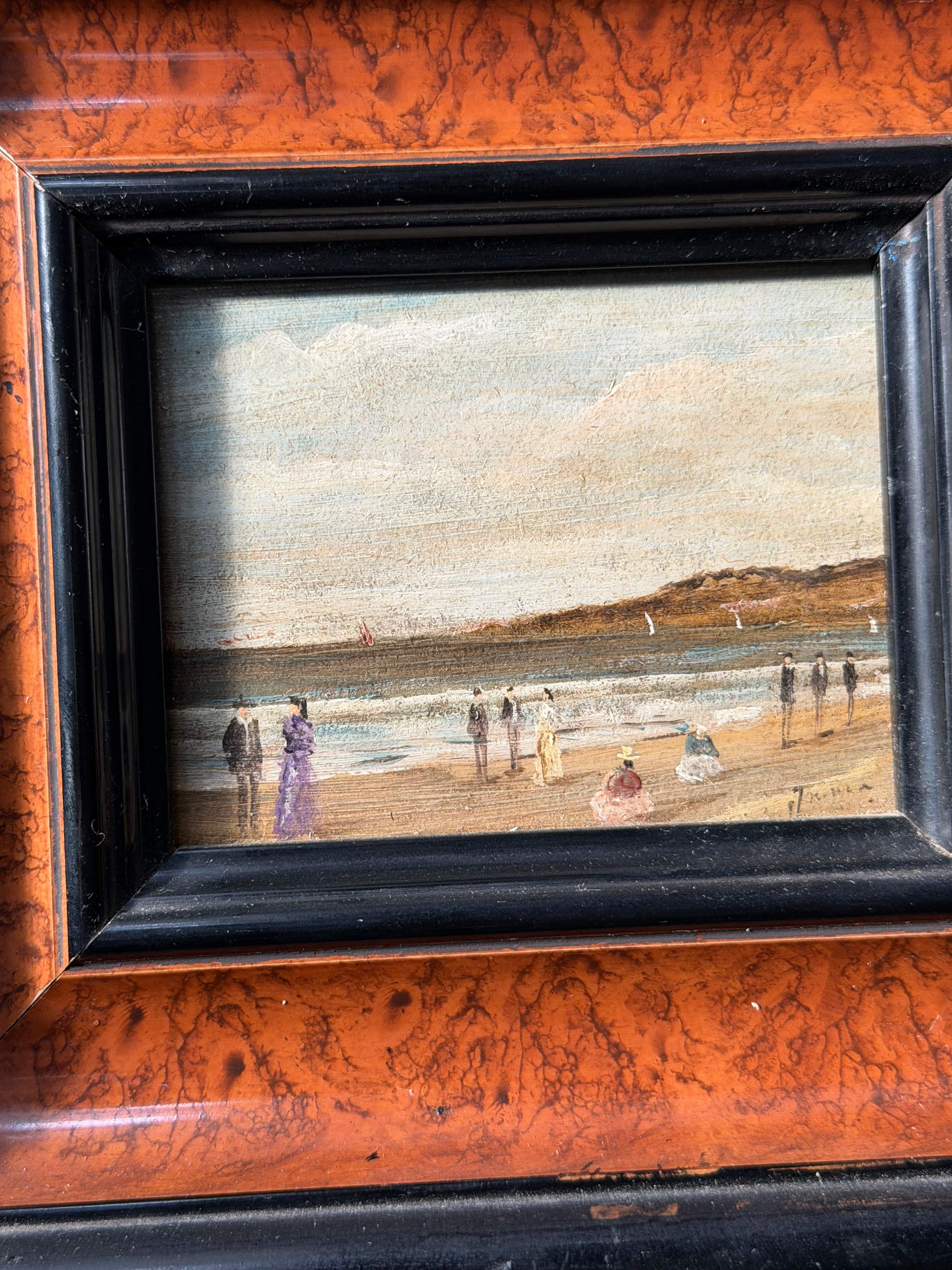 Antique French Beach Scene Painting on Board