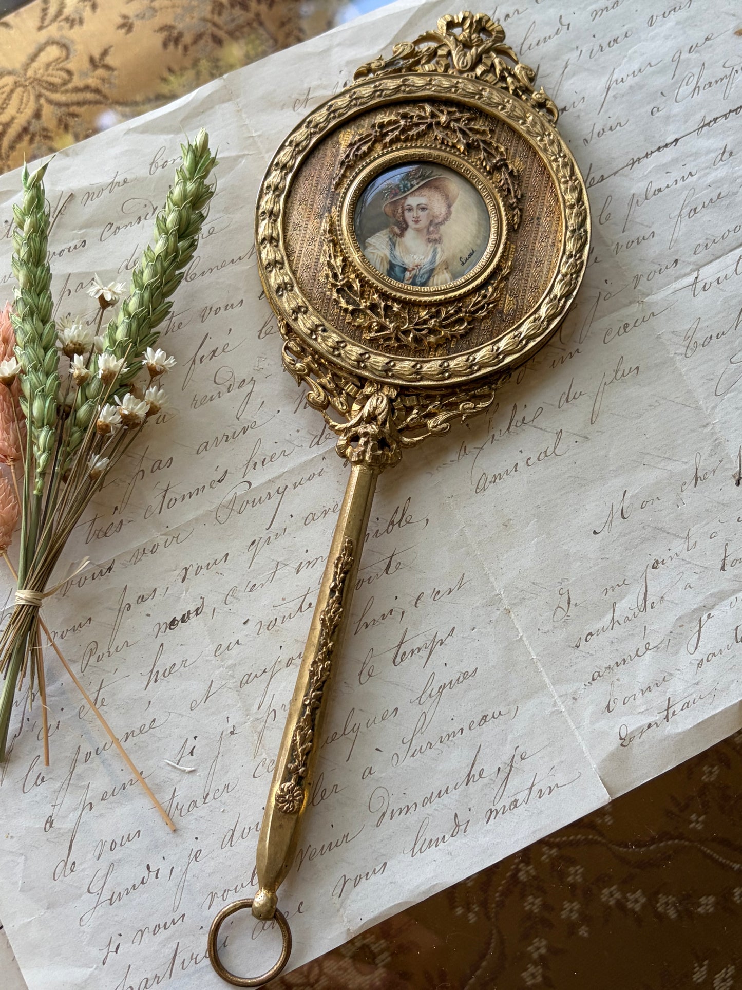 Antique French Hand-Painted Portrait Mirror