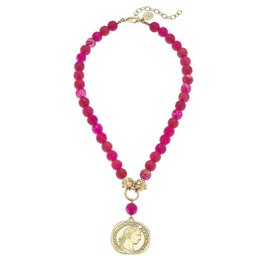 Gold Coin on Genuine Pink Peacock Agate Necklace