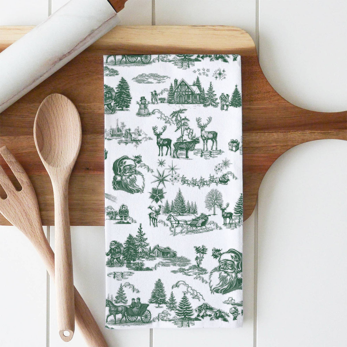 Christmas Toile - Green Tea Towel: White