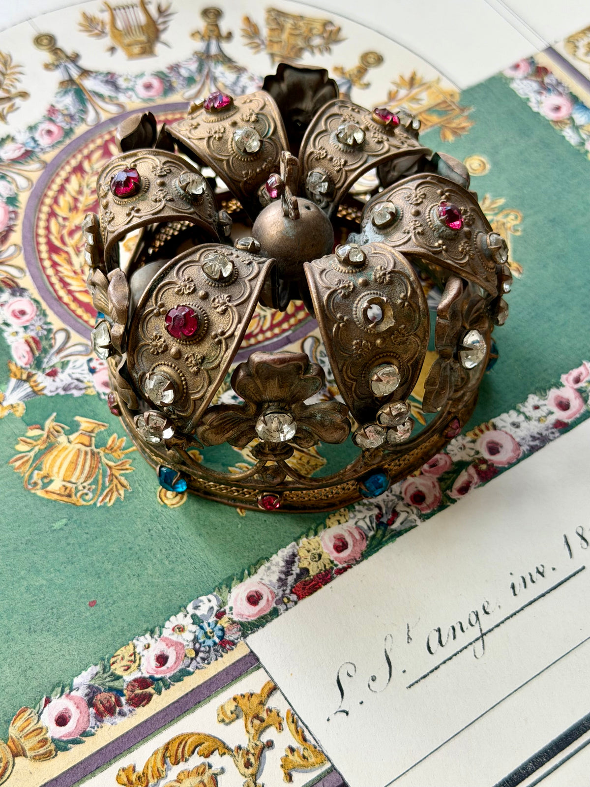 Antique French Santos Crown with Paste Stones, Orb and Cross, 19th Century
