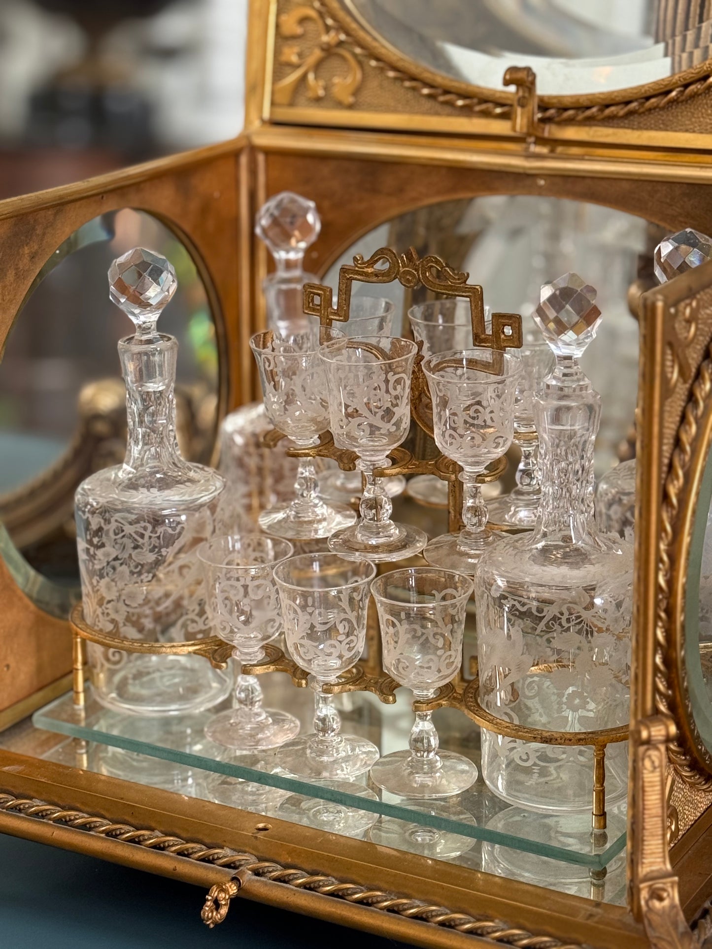 Antique French Gilt Bronze Cave à Liqueur with Etched Crystal