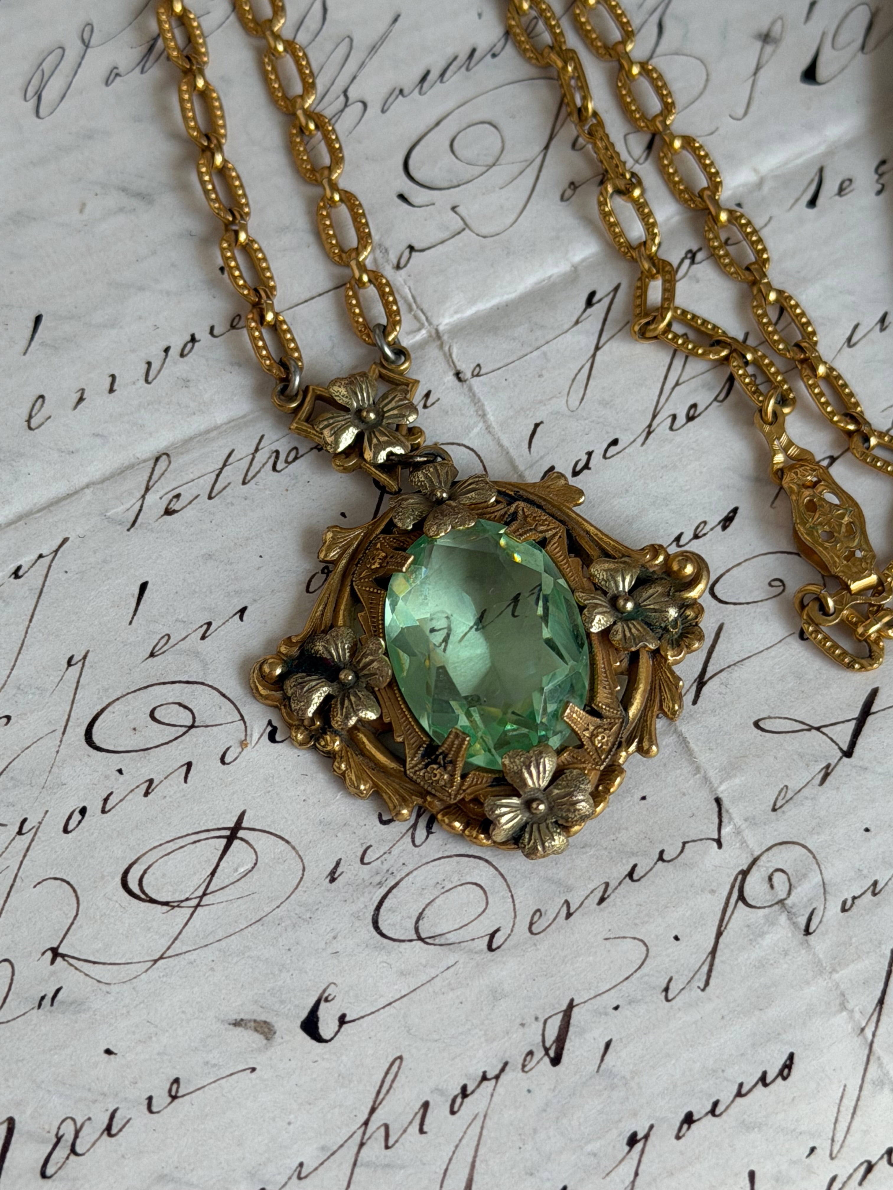 Antique Green Glass Floral Lavalier Necklace