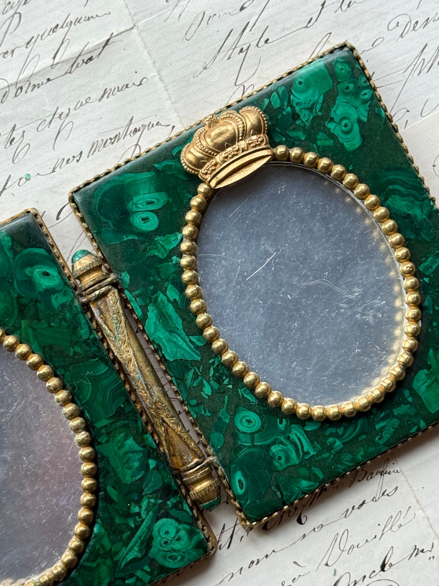 Antique Malachite Double Photo Frame with Gilt Bronze Mounts