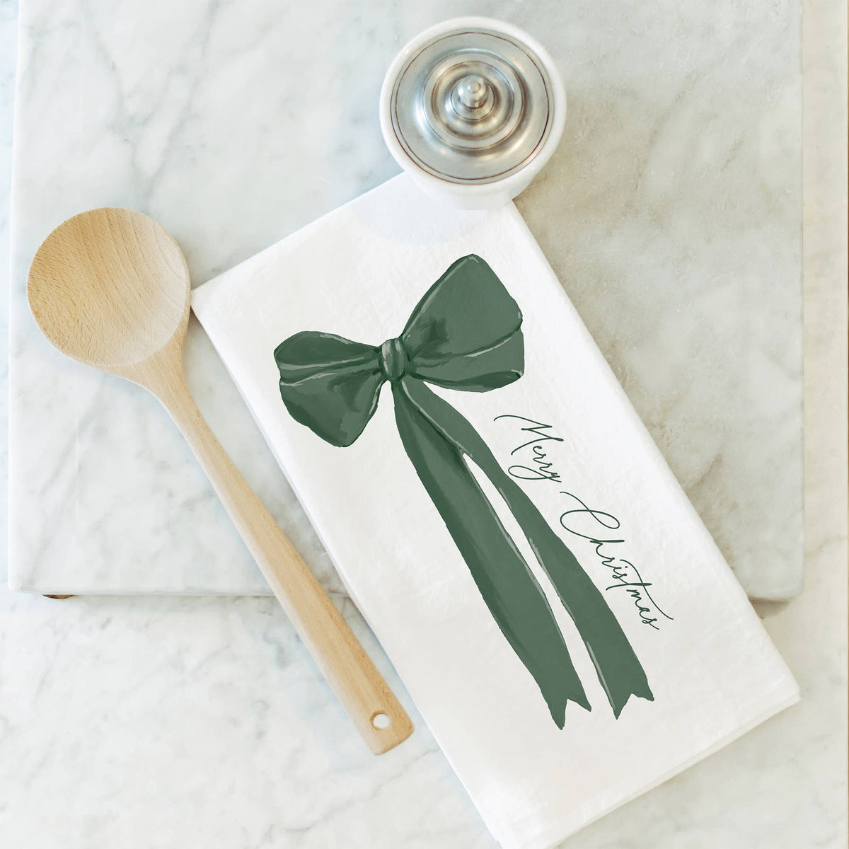 Merry Christmas Bow Tea Towel: White