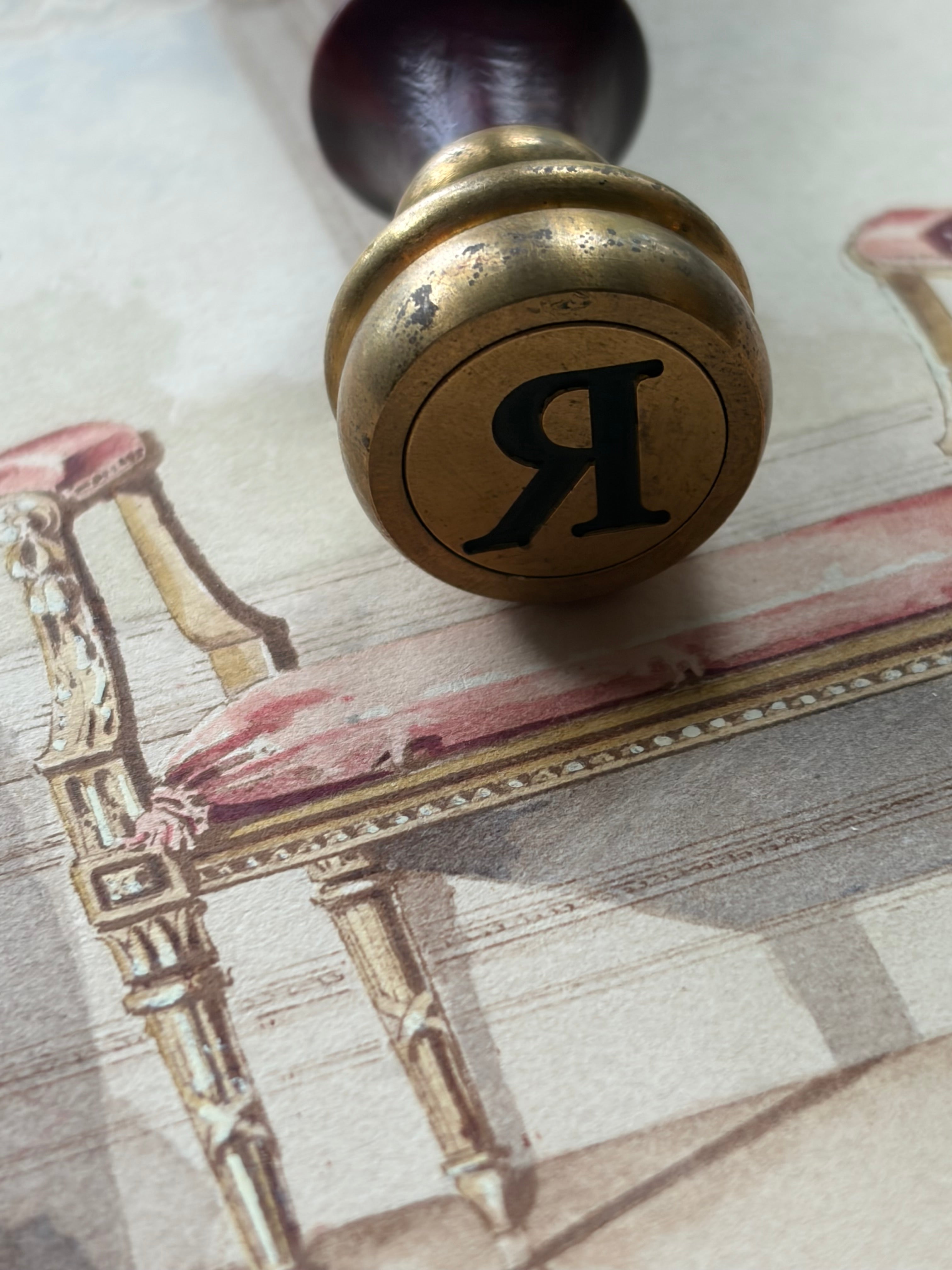 Antique Wood & Brass Wax Seal Stamp with Monogram "R"