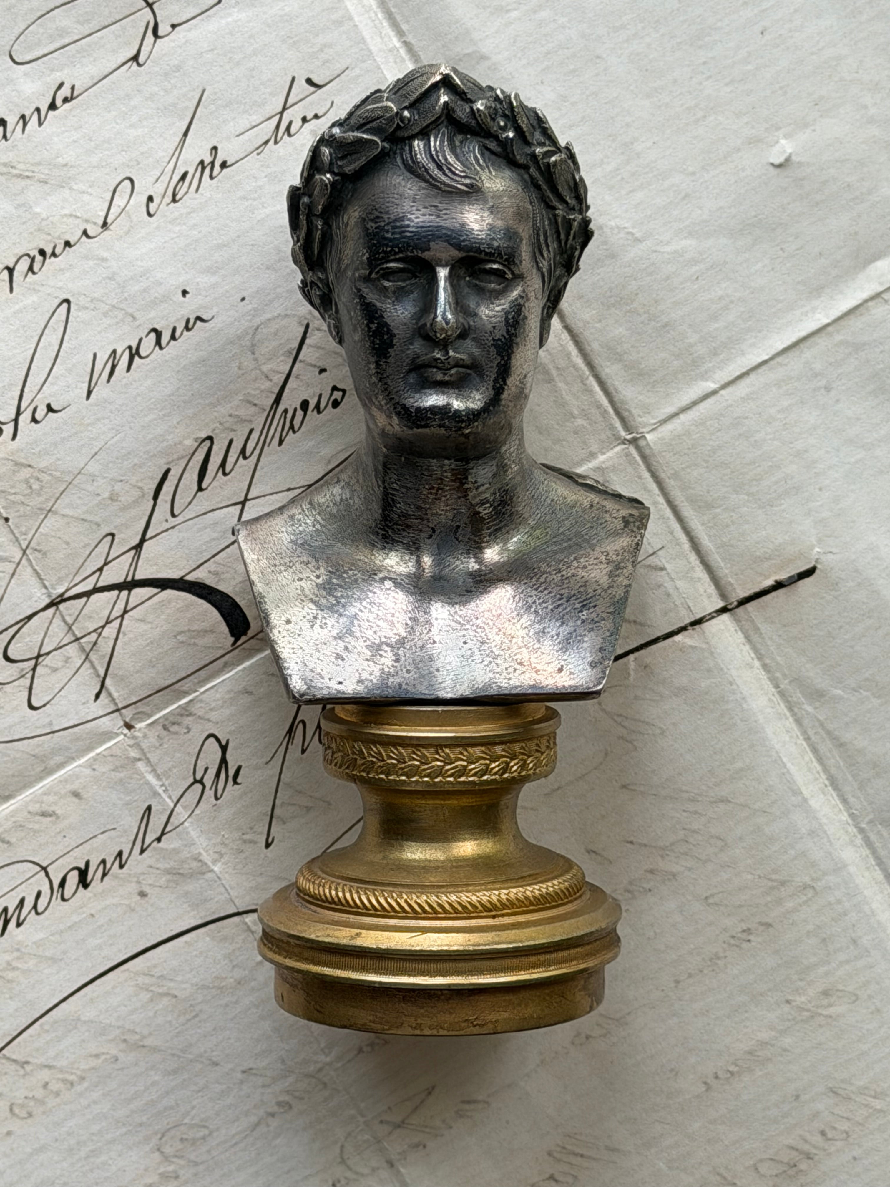 Antique French Silvered Bronze Bust of Napoleon I on Gilt Bronze Pedestal