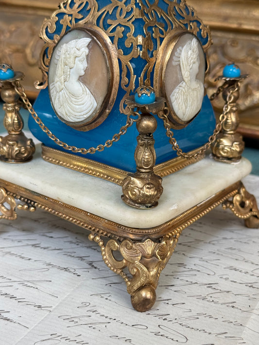 Antique Opaline and Gilt Bronze Perfume Bottle with Shell Cameos
