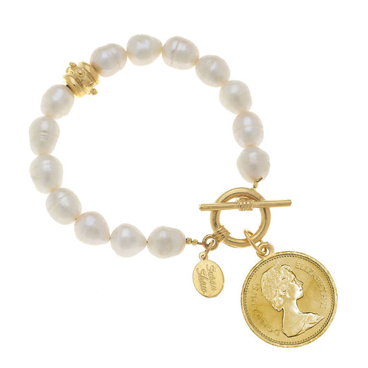 Queen Elizabeth II Coin on Pearl Bracelet