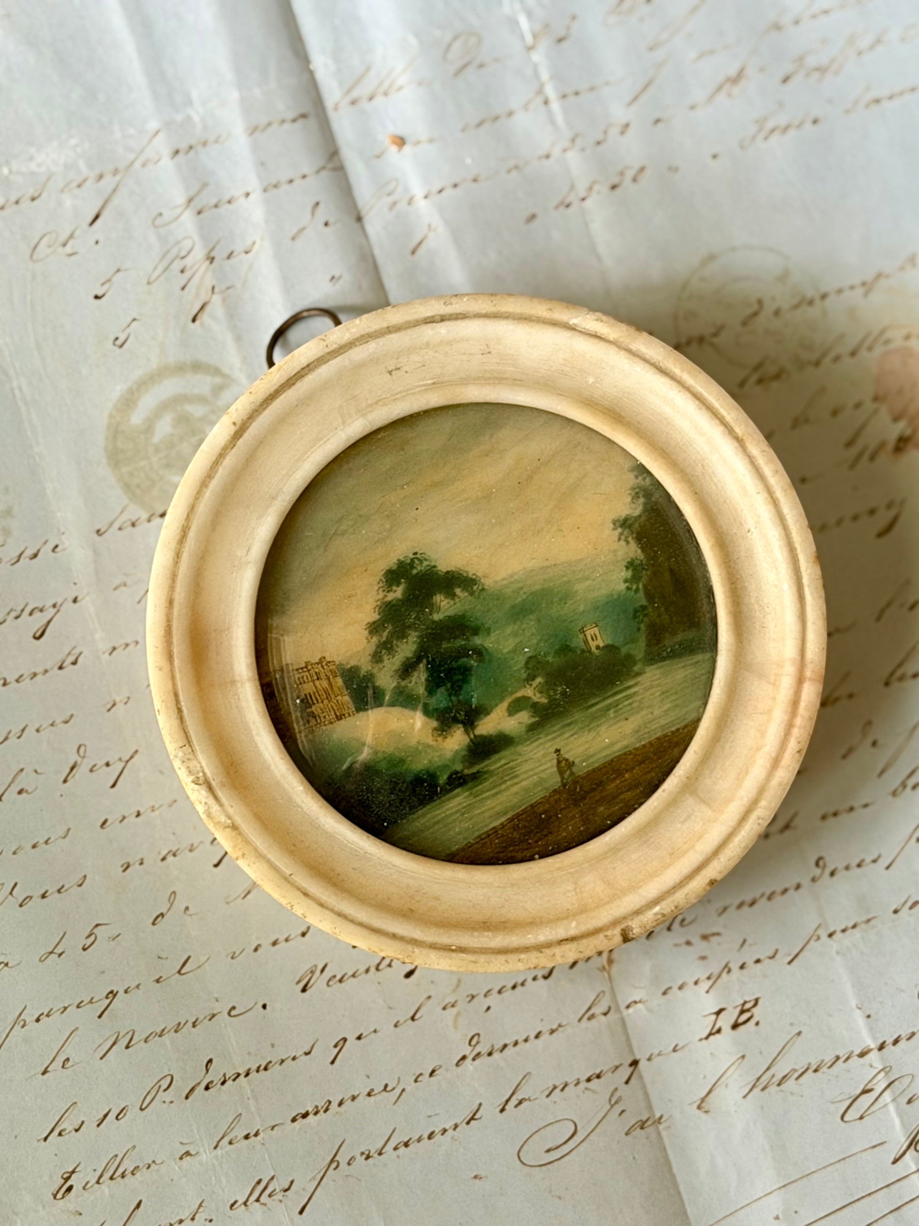 19th Century Miniature Landscape Painting in Alabaster Frame with Convex Glass