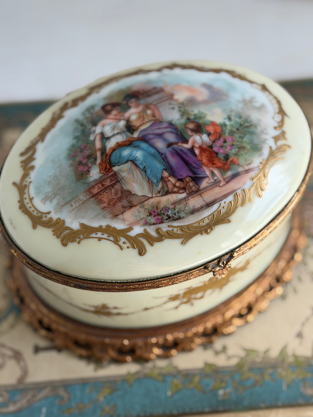 Antique French Hand-Painted Porcelain Casket with Bronze Mounts