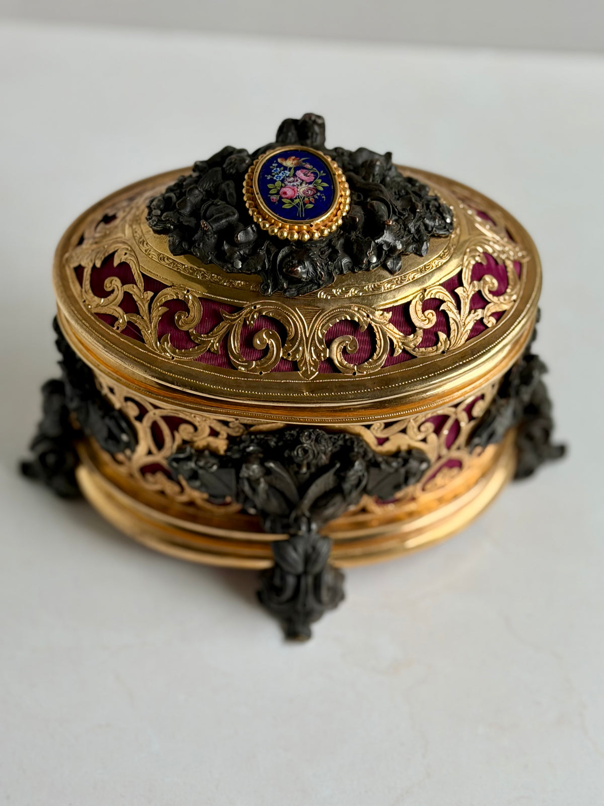 Antique French Tahan Paris Gilt Bronze Casket with Floral Medallion